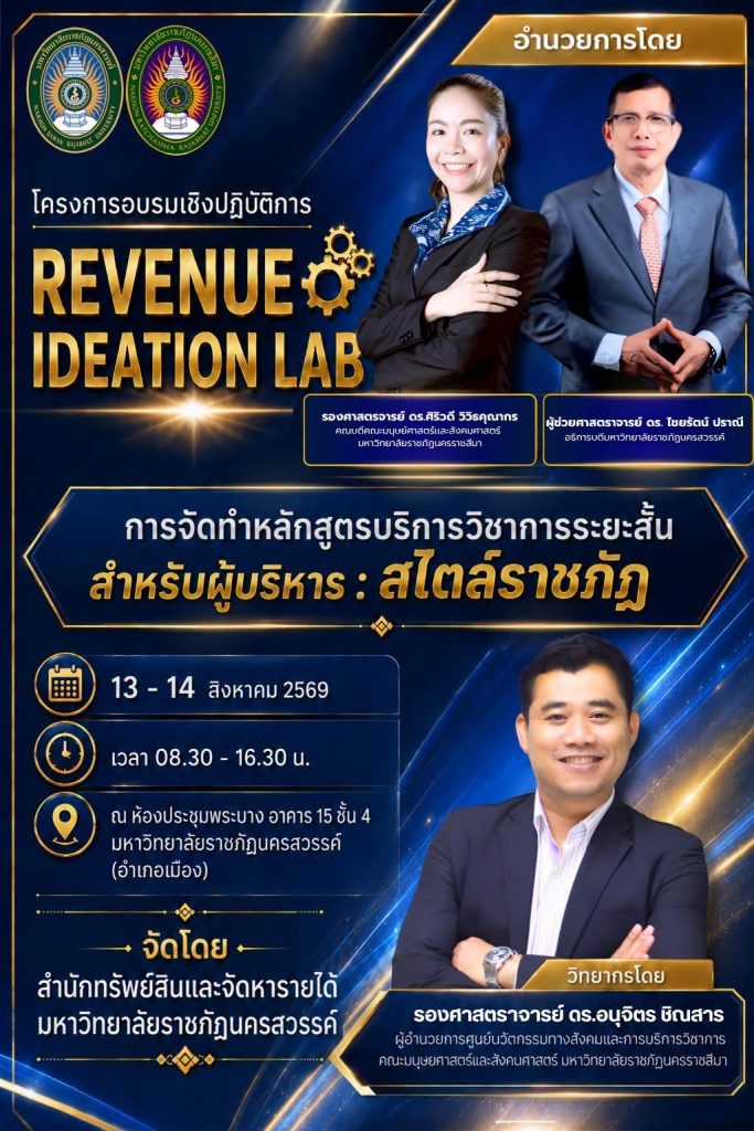 ศูนย์นวัตกรรมทางสังคมและการบริการวิชาการ ร่วมกับ สำนักทรัพย์สินและจัดหารายได้ มหาวิทยาลัยราชภัฏนครสวรรค์ จัดโครงการอบรมเชิงปฏิบัติการ เรื่อง “การระดมความคิด Revenue Ideation Lab”
